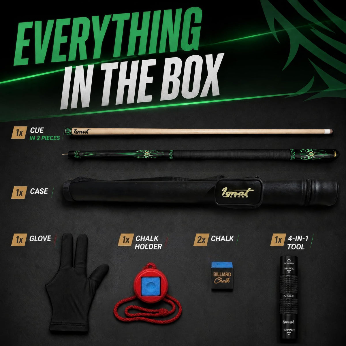 Contents of the IgnatGames Tribal Vanguard Green pool cue set: two-piece cue, case, glove, chalk holder, two chalks and 4-in-1 tool