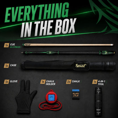 Contents of the IgnatGames Tribal Vanguard Green pool cue set: two-piece cue, case, glove, chalk holder, two chalks and 4-in-1 tool