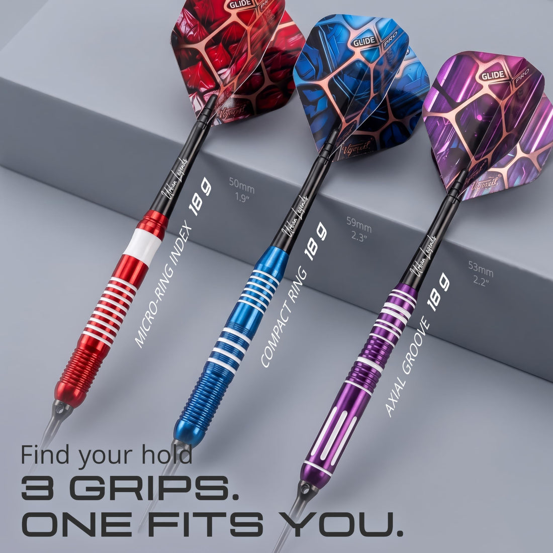 Three IgnatGames Urban Legends LA Starlight soft tip darts with three different grip patterns
