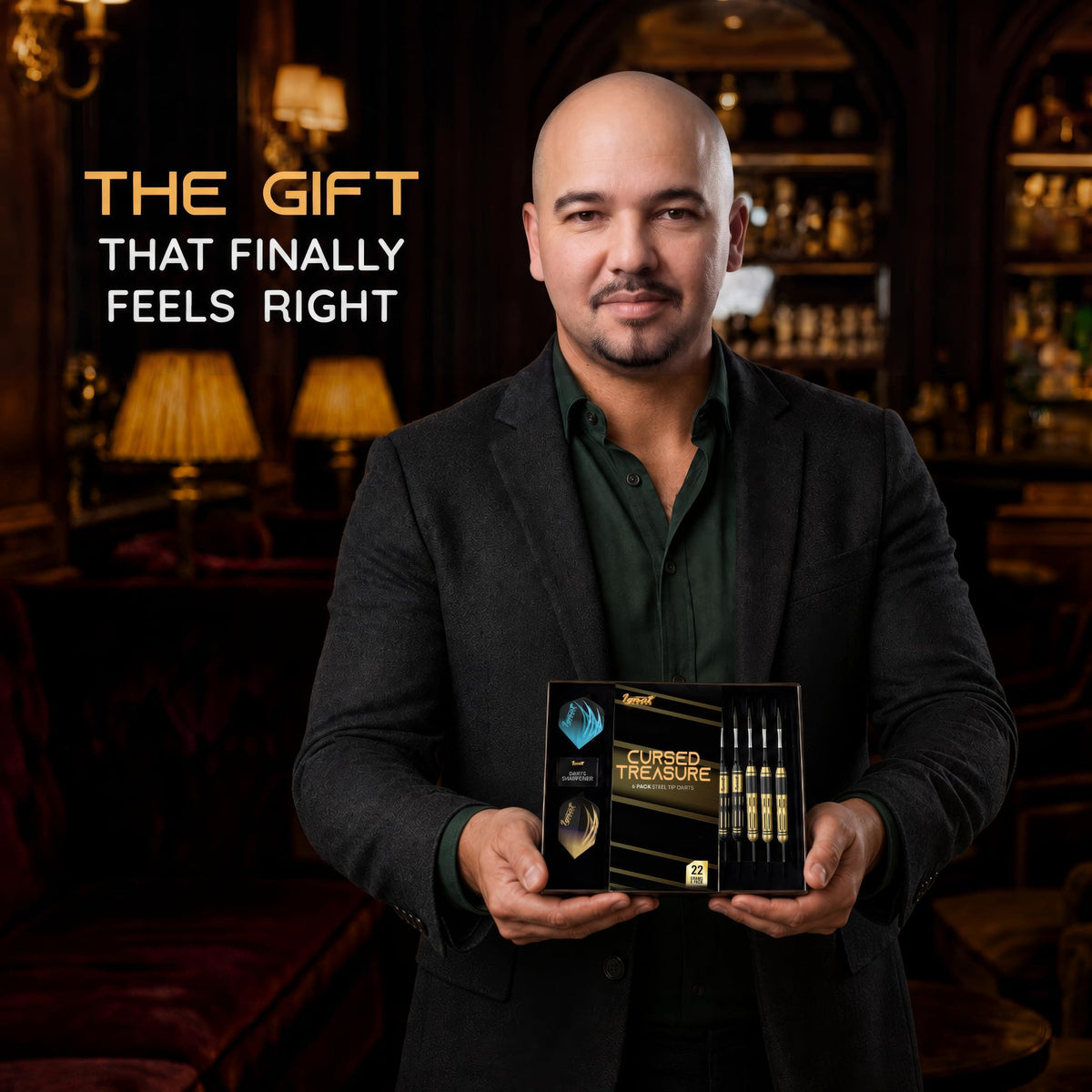 Man presenting the IgnatGames Darkborn Cursed Treasure 22 g darts gift box