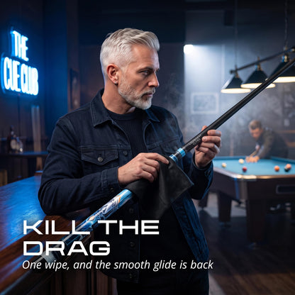 Player wiping the IgnatGames Frostbyte pool cue shaft with a cloth in a pool hall