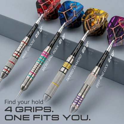 Four IgnatGames Urban Legends Miami Breeze steel tip darts with four different grip patterns