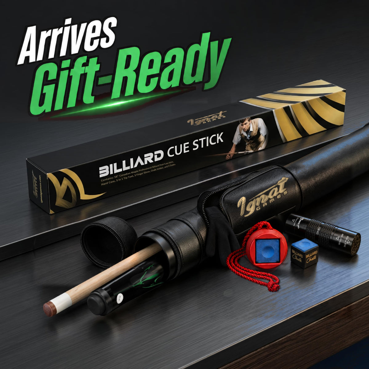 IgnatGames Tribal Vanguard Green pool cue in its case next to the gift box, with chalk holder and chalk