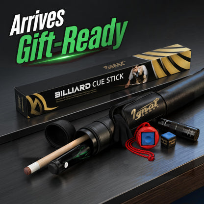 IgnatGames Tribal Vanguard Green pool cue in its case next to the gift box, with chalk holder and chalk