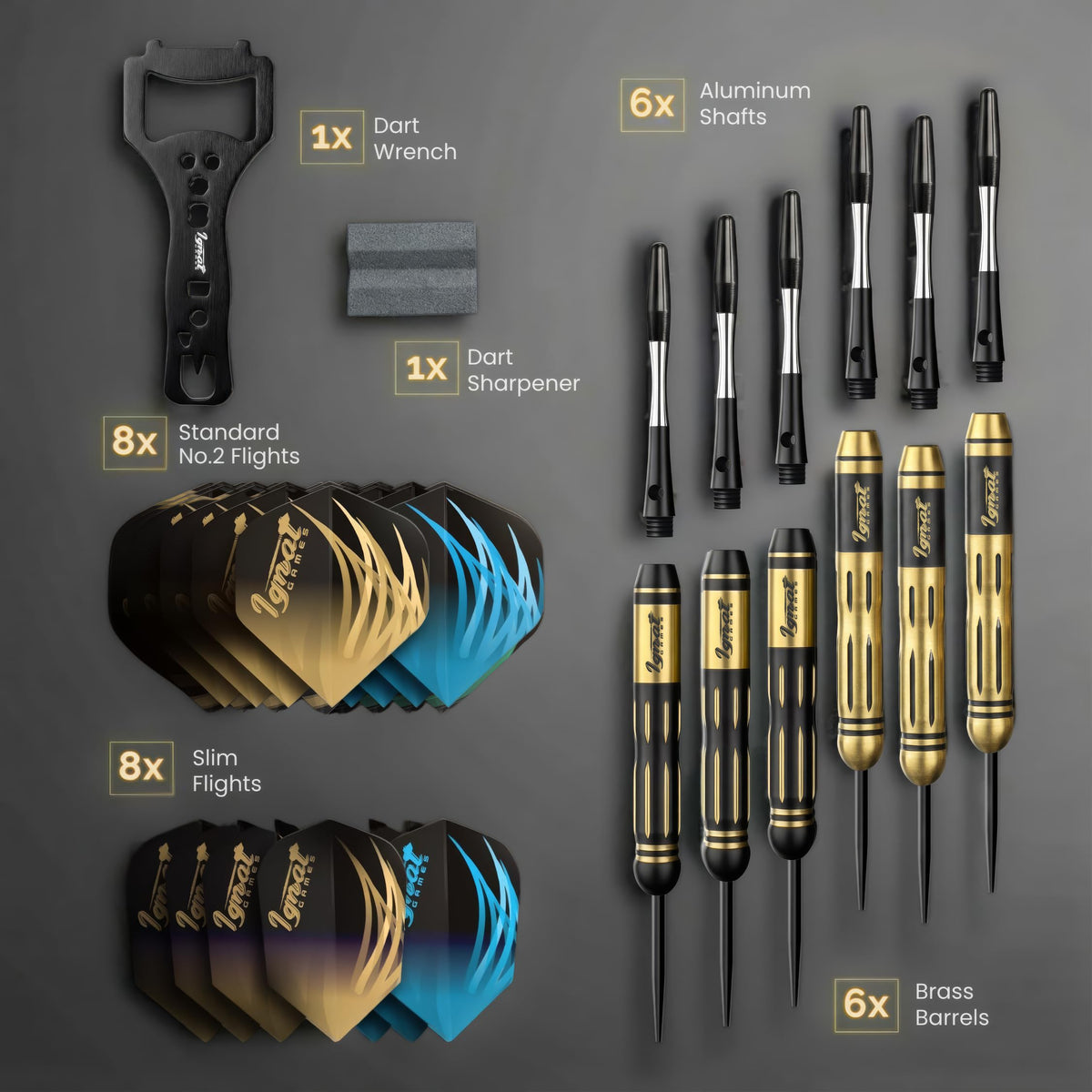 Contents of the IgnatGames Darkborn Cursed Treasure 22 g set: 6 brass barrels, 6 aluminum shafts, 8 standard and 8 slim flights, wrench and sharpener