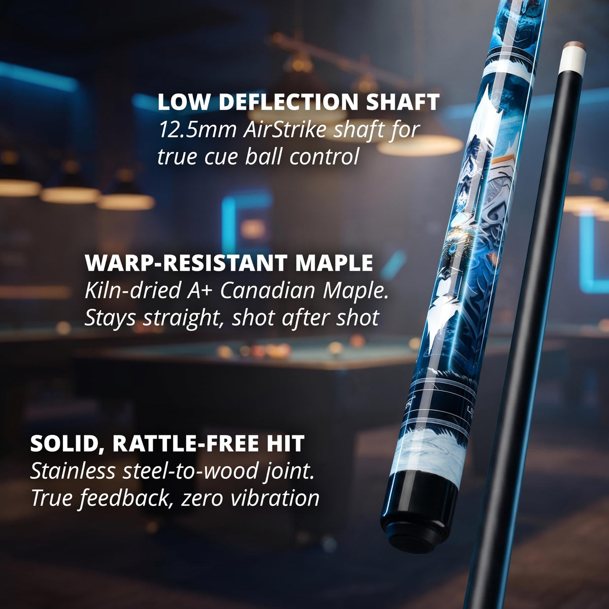 Close-up of the IgnatGames Frostbyte pool cue shaft, joint and butt in a pool hall