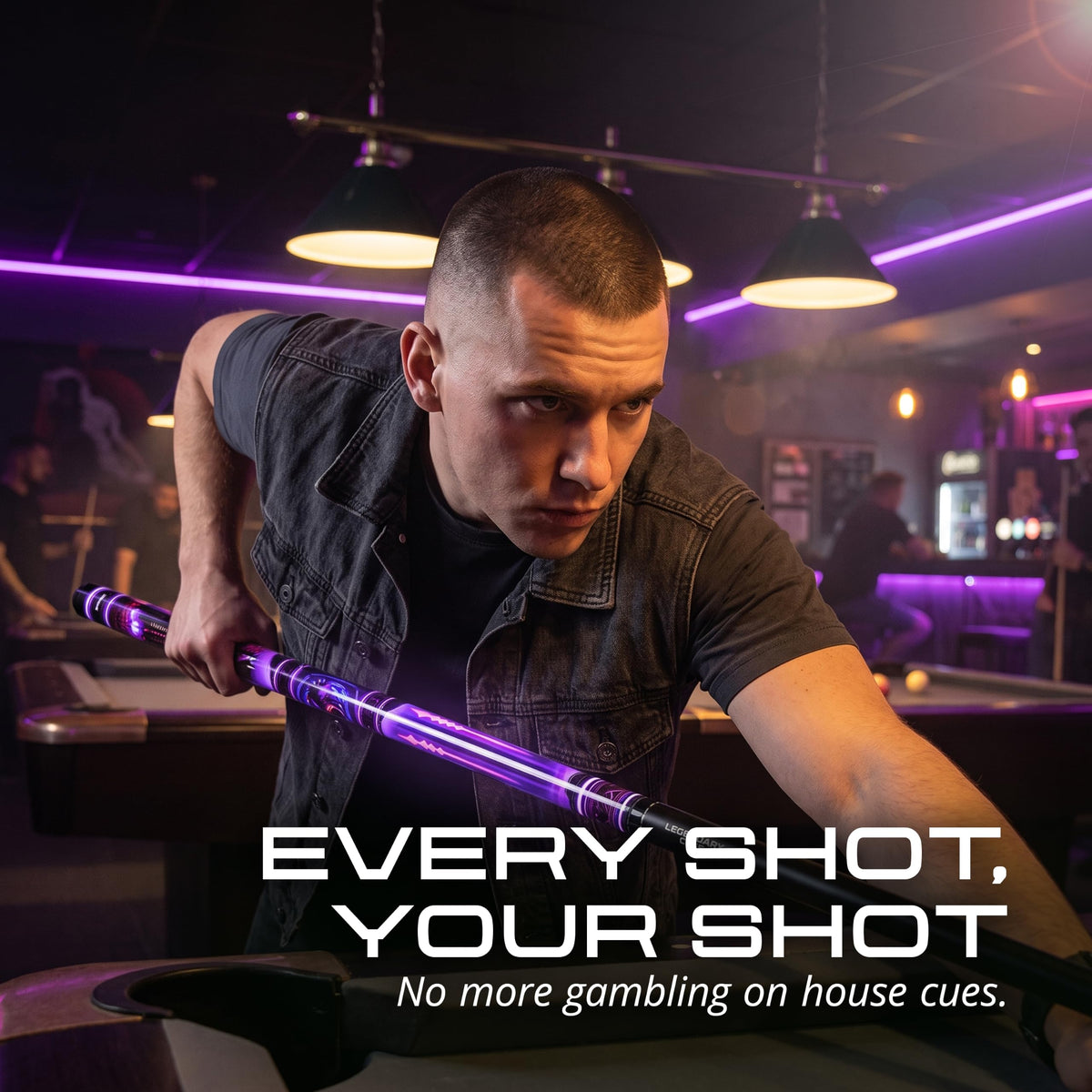 Player lining up a shot on a pool table with the IgnatGames Neonova pool cue