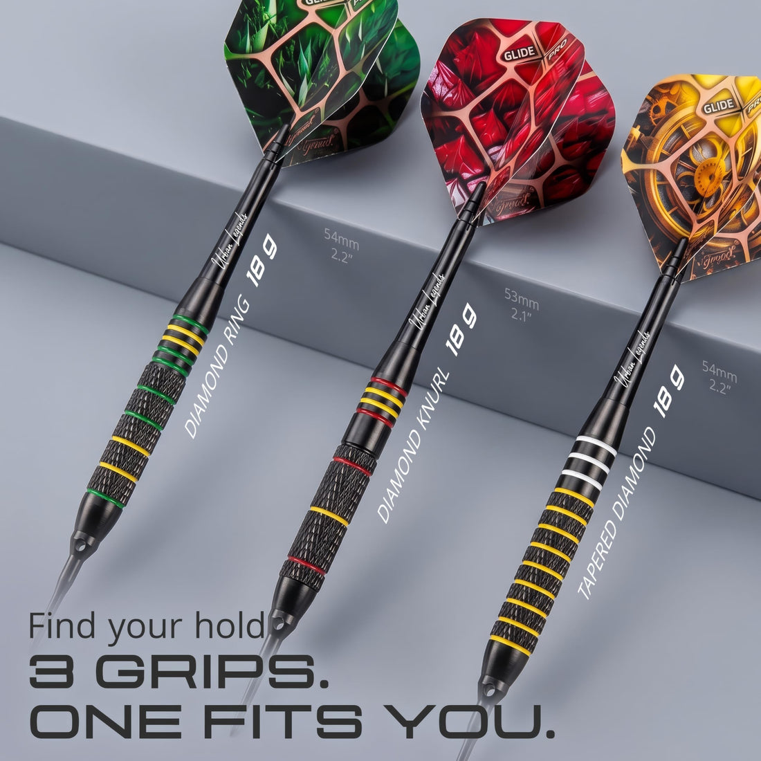 Three IgnatGames Urban Legends Boston Lanterns soft tip darts with three different grip patterns