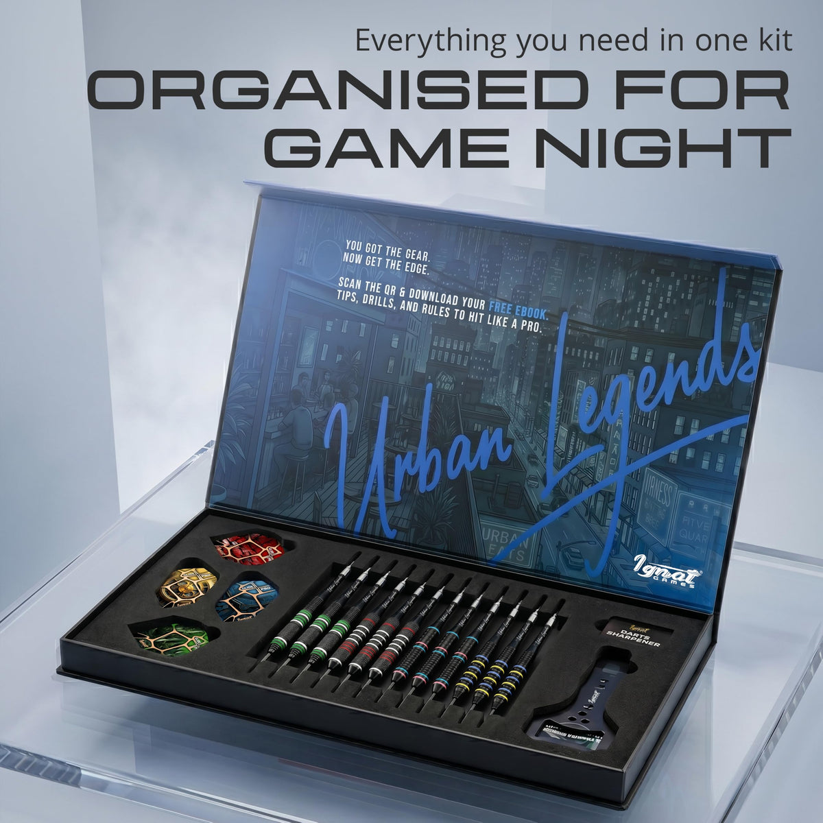 IgnatGames Urban Legends Manhattan Midnight darts set in the open presentation case