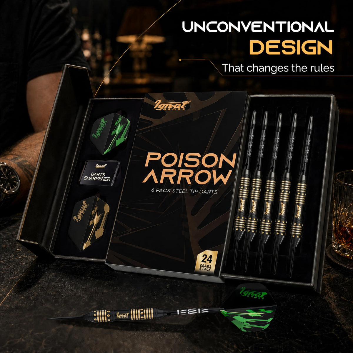 IgnatGames Darkborn Poison Arrow 24 g steel tip darts in the open gift case with spare flights and sharpener