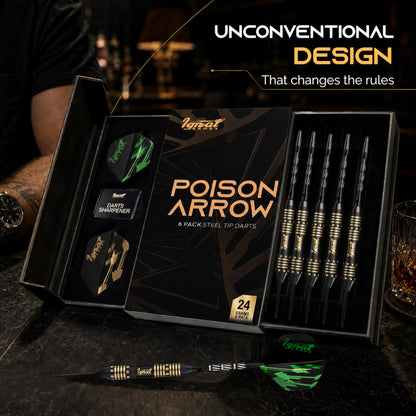 IgnatGames Darkborn Poison Arrow 24 g steel tip darts in the open gift case with spare flights and sharpener
