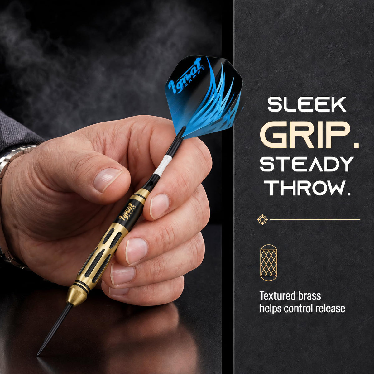 Hand holding an IgnatGames Darkborn Cursed Treasure 22 g steel tip dart