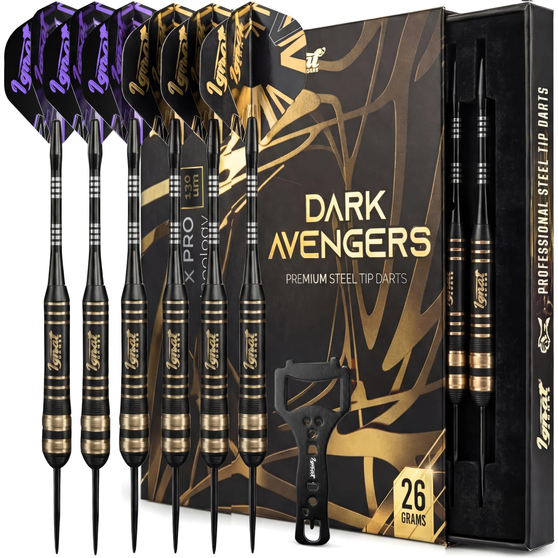 IgnatGames Darkborn Dark Avenger 26 g steel tip darts, 6 darts with dart wrench in front of the gift box
