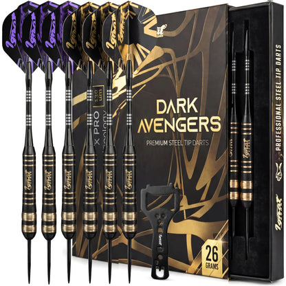 IgnatGames Darkborn Dark Avenger 26 g steel tip darts, 6 darts with dart wrench in front of the gift box