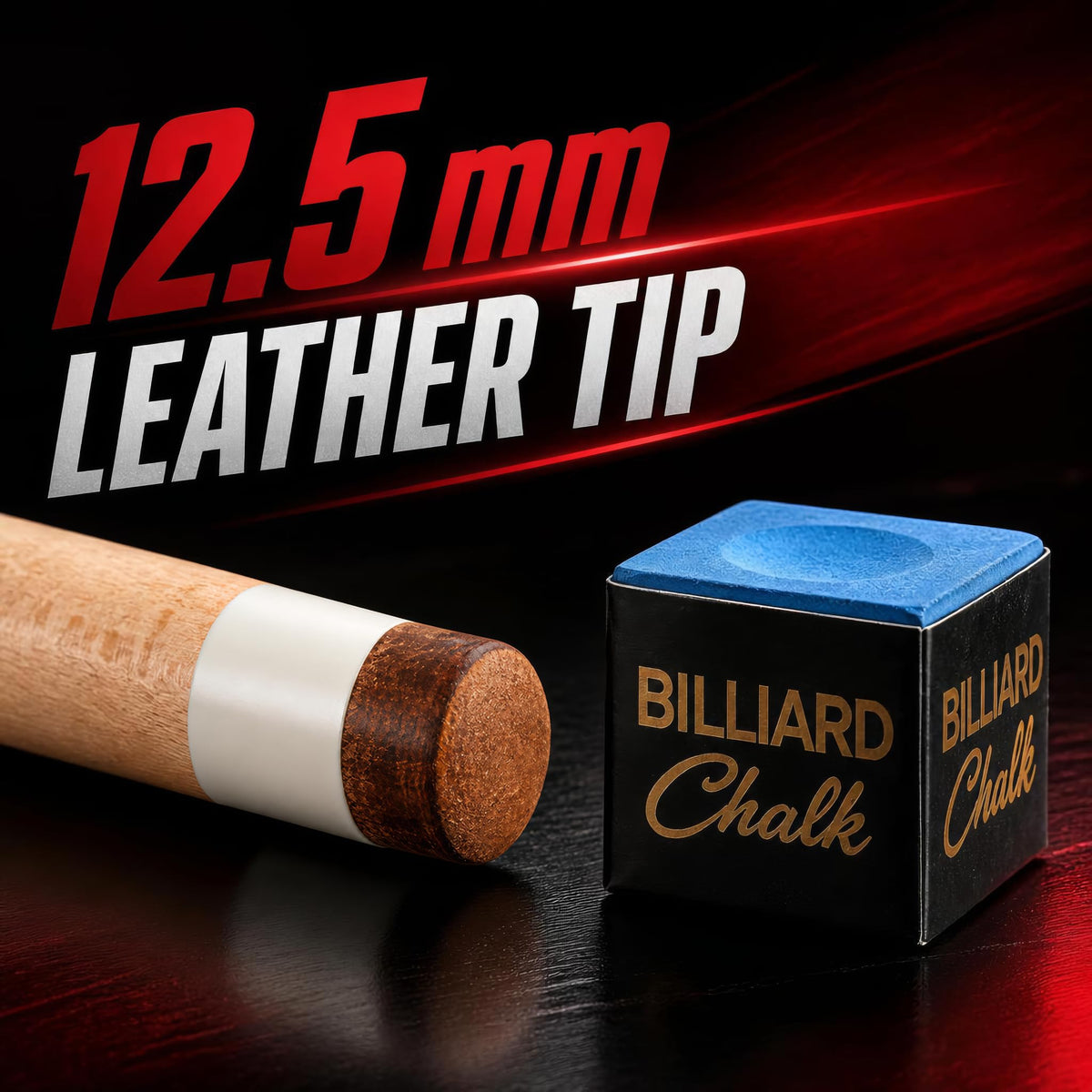 12.5 mm leather tip of the IgnatGames Tribal Vanguard Red pool cue next to billiard chalk