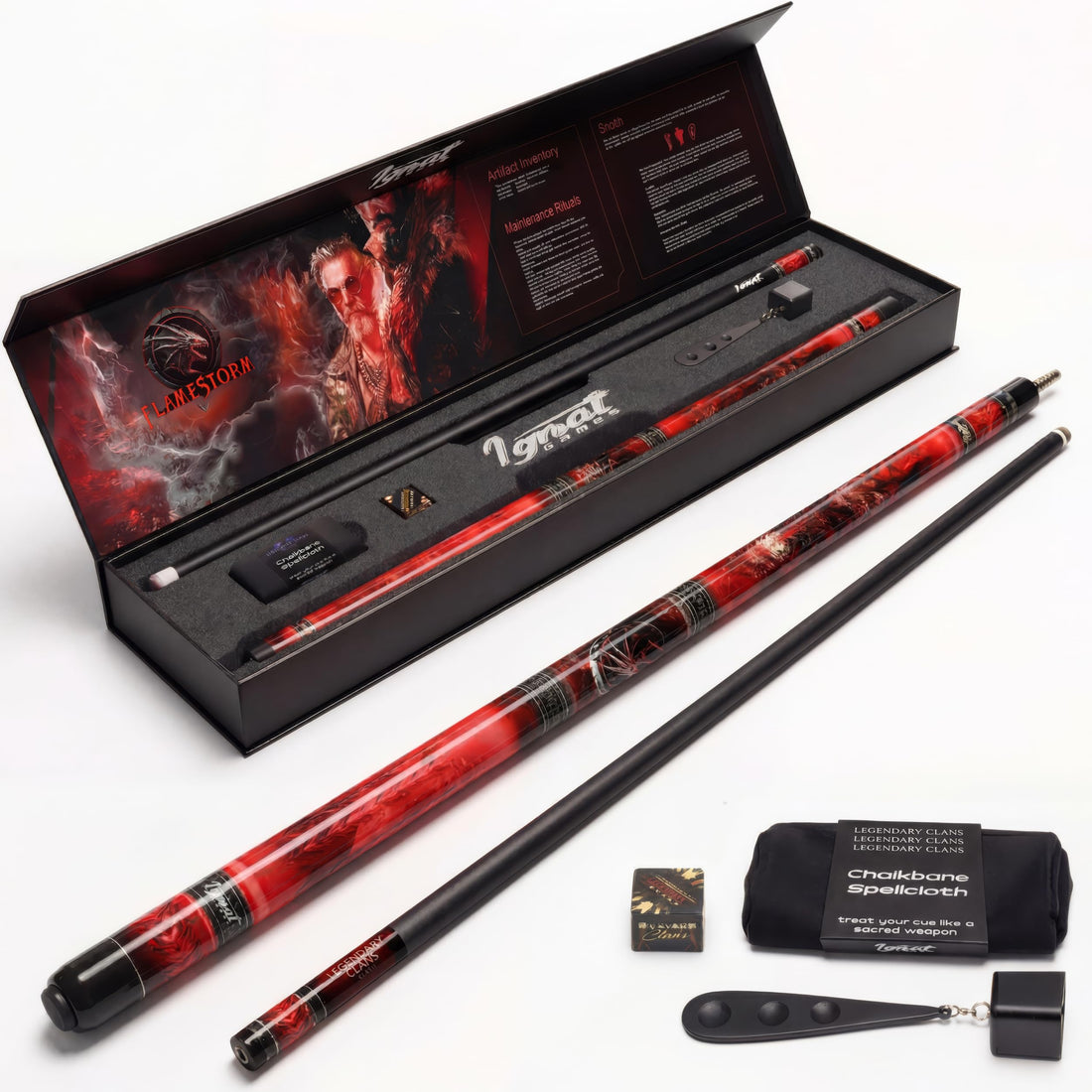 IgnatGames Flamestorm two-piece pool cue in its open gift box, with tip tool, chalk holder and cleaning cloth