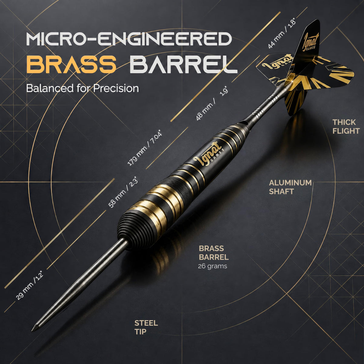 IgnatGames Darkborn Dark Avenger 26 g steel tip dart with brass barrel, aluminum shaft and flight, with dimensions