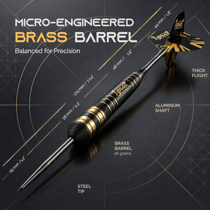 IgnatGames Darkborn Dark Avenger 26 g steel tip dart with brass barrel, aluminum shaft and flight, with dimensions