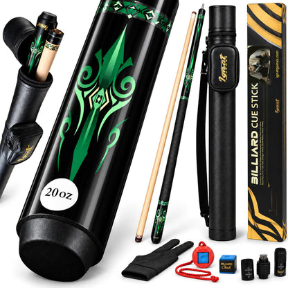 IgnatGames Tribal Vanguard Green 20 oz pool cue set with two-piece cue, hard case, glove, chalk holder, chalk and 4-in-1 tool