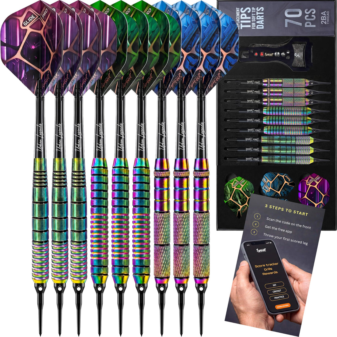 IgnatGames Urban Legends Vegas Lights soft tip darts, 9-pack with flights, spare tips and case