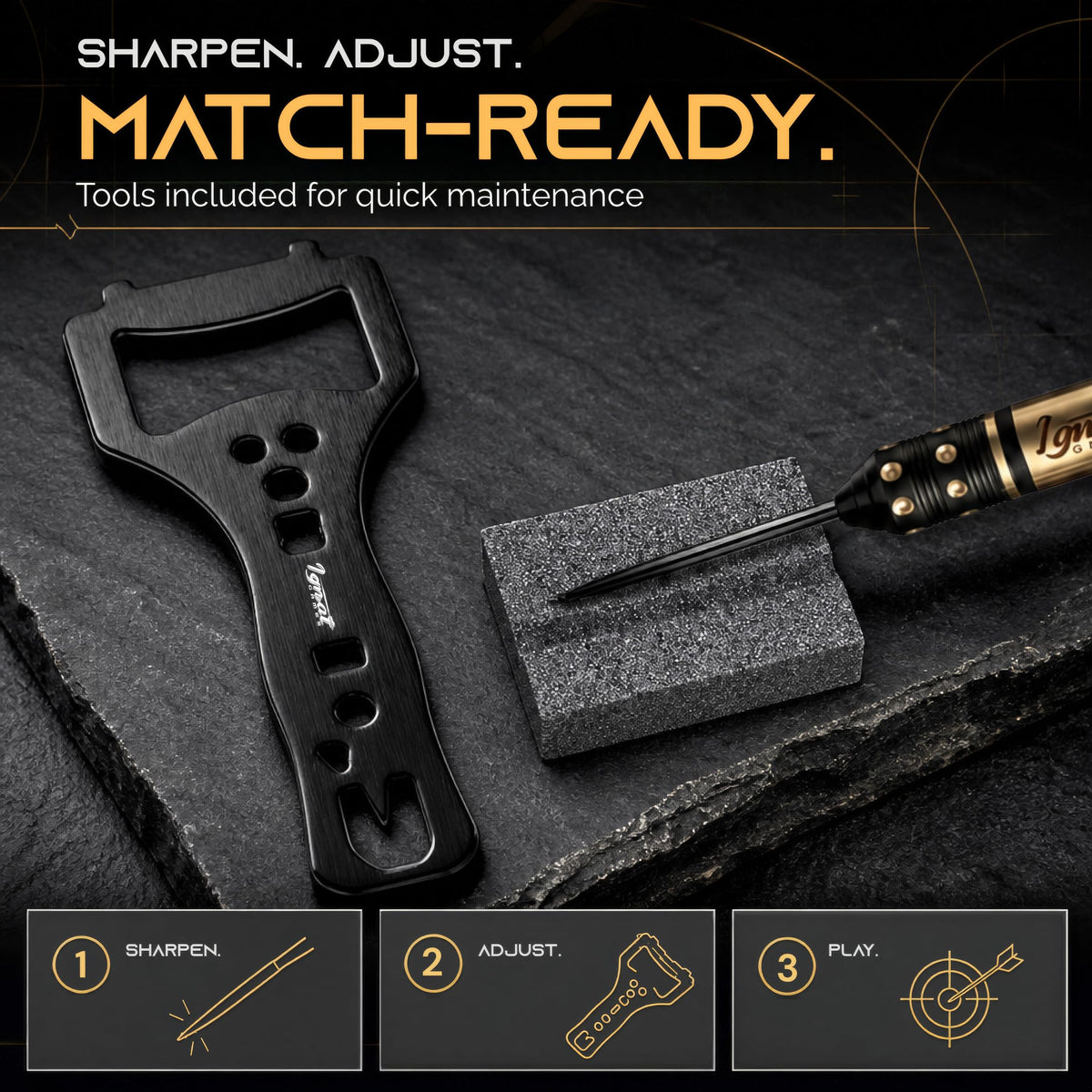 Dart wrench and dart sharpener included with the IgnatGames Darkborn Gothic Crystal 18 g darts