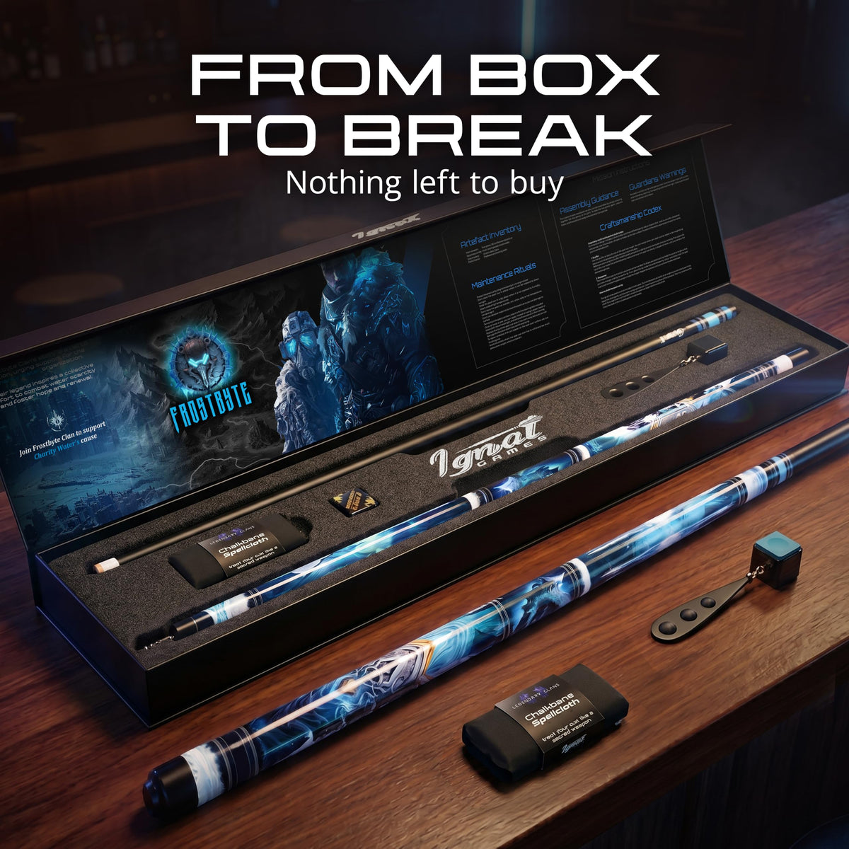 IgnatGames Frostbyte pool cue set in its box on a bar counter, with tip tool, chalk holder and cleaning cloth