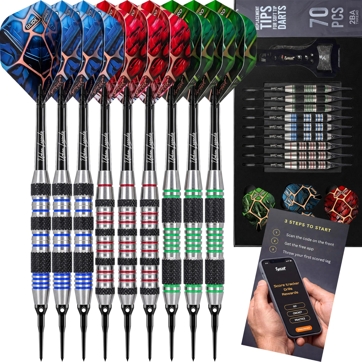 IgnatGames Urban Legends Chicago Steel soft tip darts, 9-pack with flights, spare tips and case
