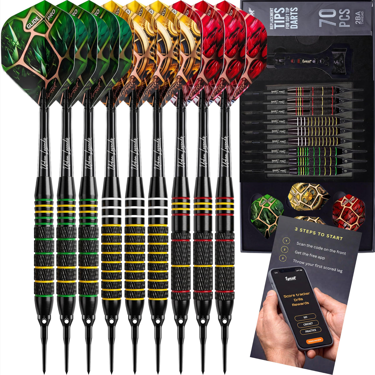 IgnatGames Urban Legends Boston Lanterns soft tip darts, 9-pack with flights, spare tips and case
