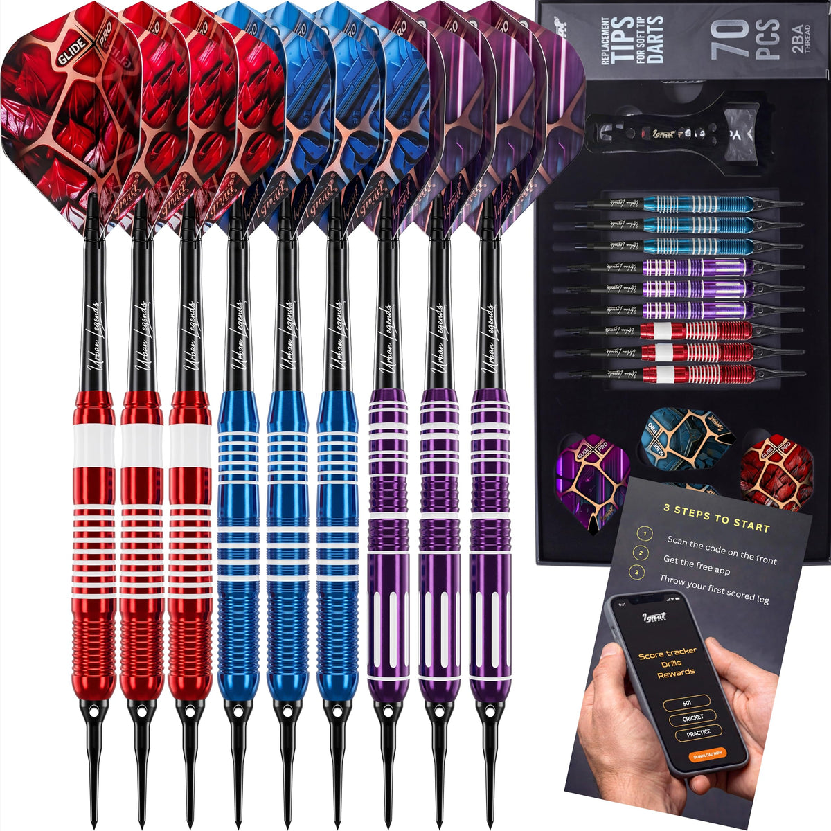 IgnatGames Urban Legends LA Starlight soft tip darts, 9-pack with flights, spare tips and case
