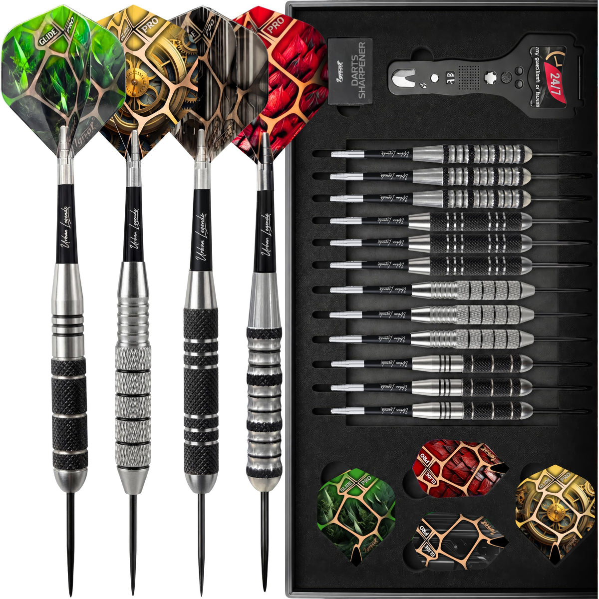 IgnatGames Urban Legends Texas Bullseye steel tip darts, 12-pack in the open case with flights