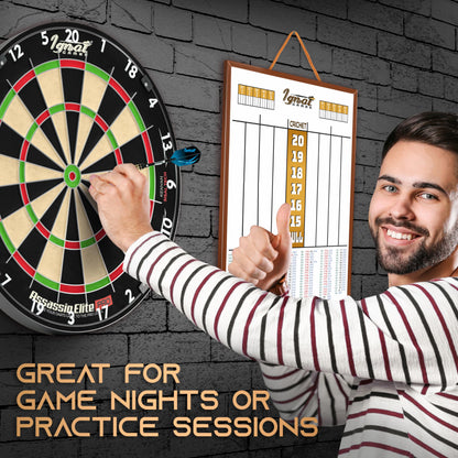 Smiling player at a dartboard next to the IgnatGames dart scoreboard