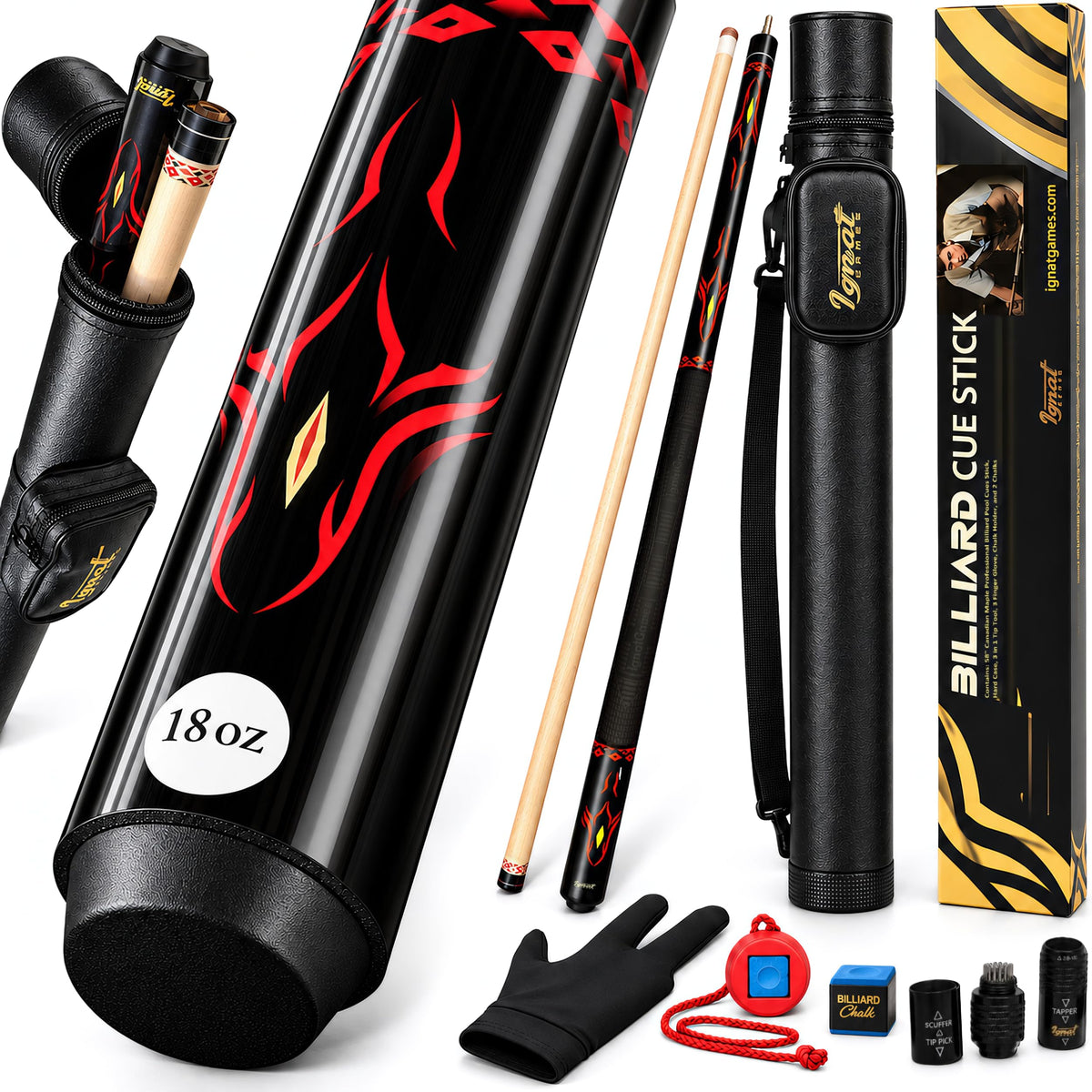 IgnatGames Tribal Vanguard Red 18 oz pool cue set with two-piece cue, hard case, glove, chalk holder, chalk and 4-in-1 tool