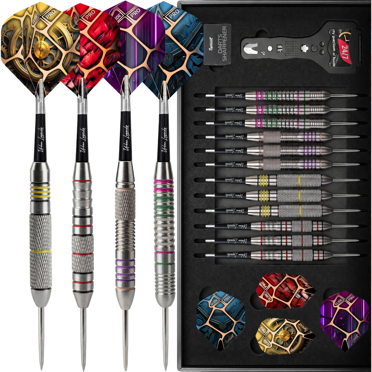 IgnatGames Urban Legends Miami Breeze steel tip darts, 12-pack in the open case with flights