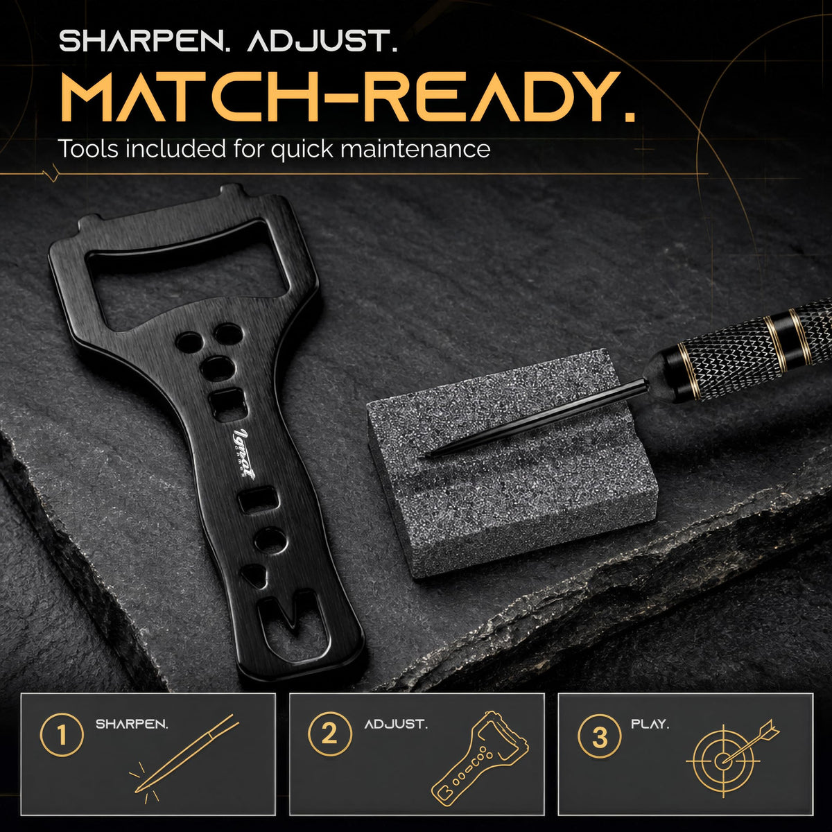 Dart wrench and dart sharpener included with the IgnatGames Darkborn Midnight Shadow 20 g darts