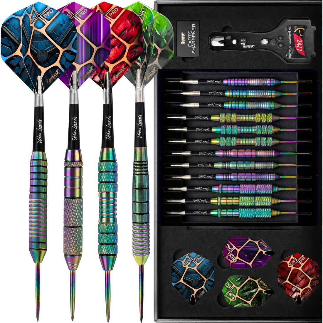 IgnatGames Urban Legends Vegas Lights steel tip darts, 12-pack in the open case with flights