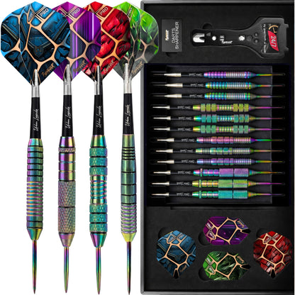 IgnatGames Urban Legends Vegas Lights steel tip darts, 12-pack in the open case with flights