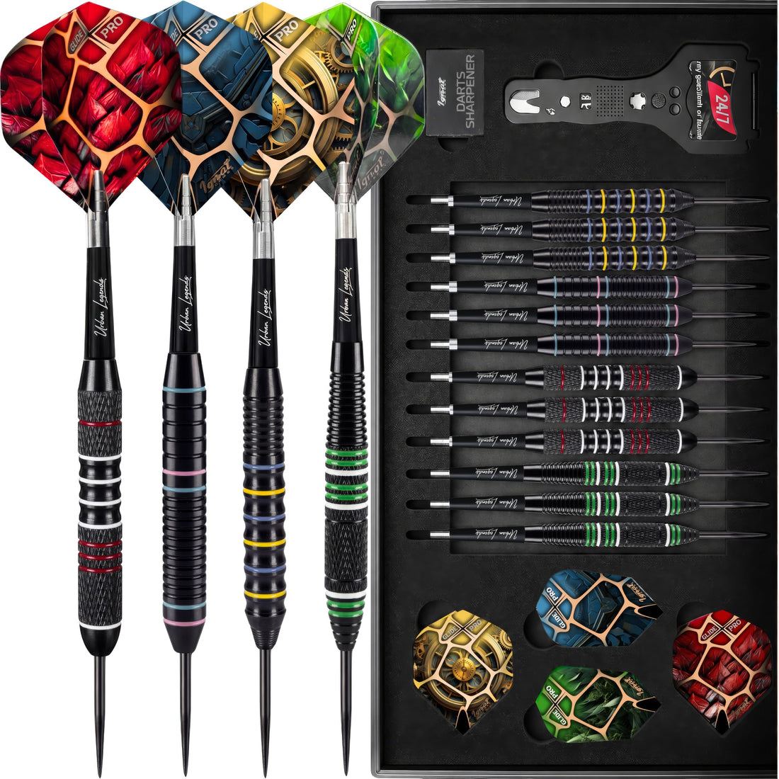 IgnatGames Urban Legends Manhattan Midnight steel tip darts, 12-pack in the open case with flights