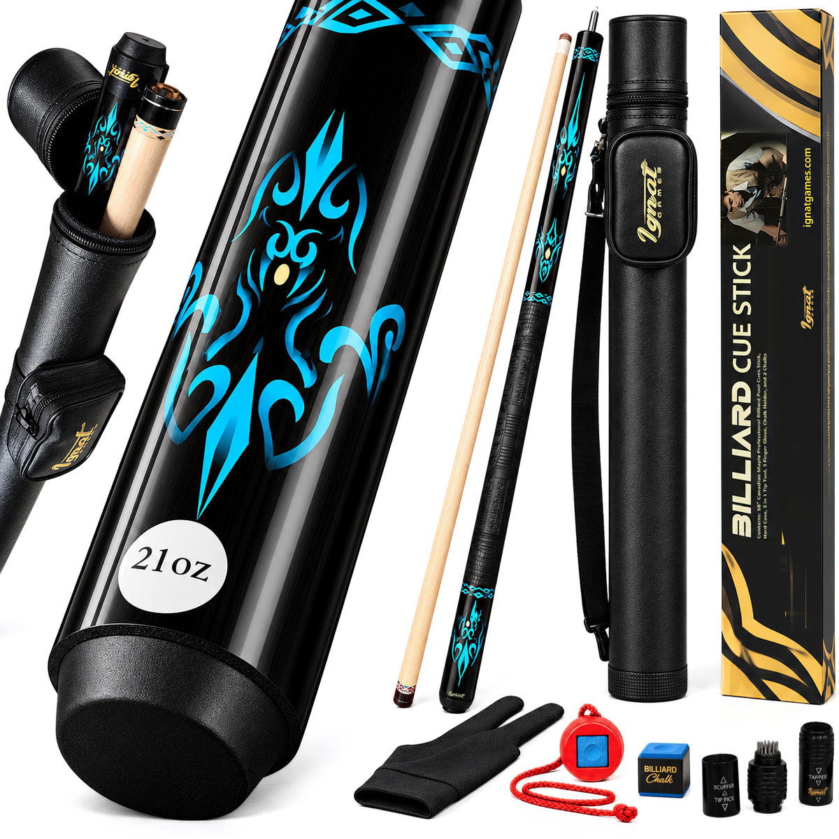 IgnatGames Tribal Vanguard Blue 21 oz pool cue set with two-piece cue, hard case, glove, chalk holder, chalk and 4-in-1 tool