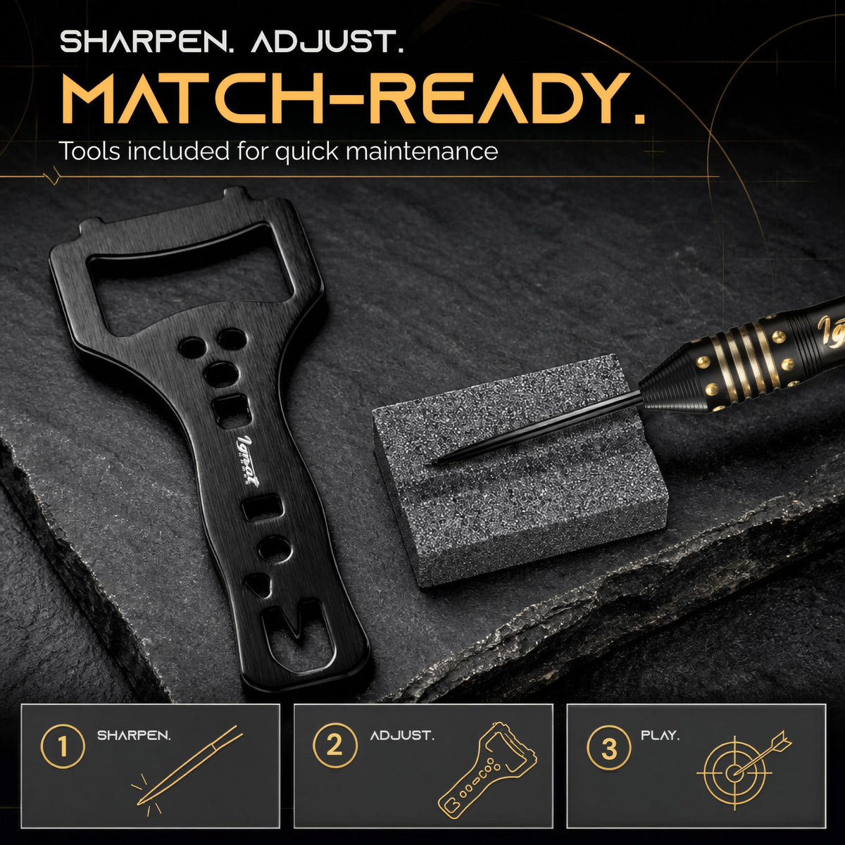 Dart wrench and dart sharpener included with the IgnatGames Darkborn Poison Arrow 24 g darts