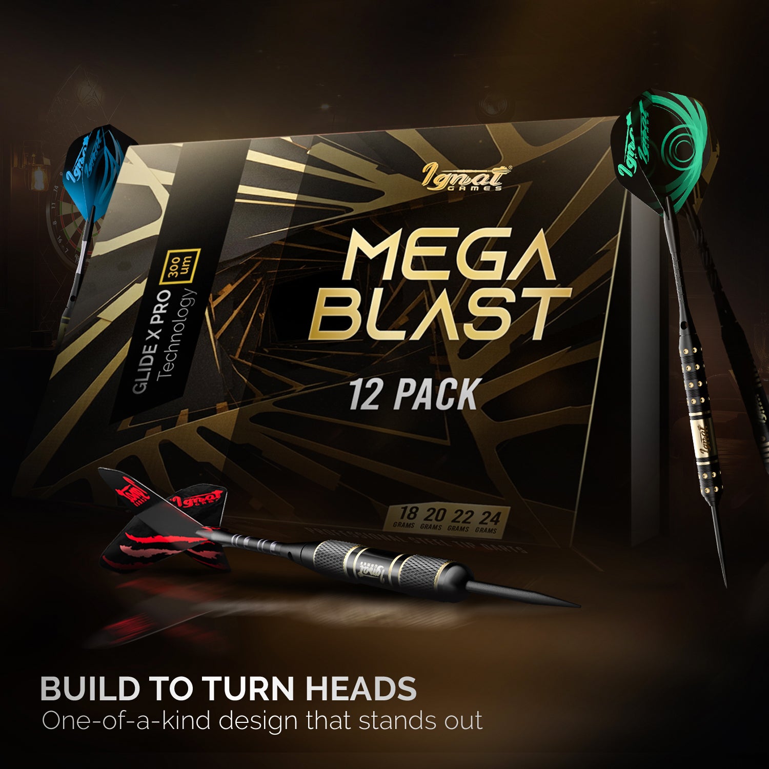 Steel Tip Darts 12 pack Set - Mega Blast 18/20/22/24 grams