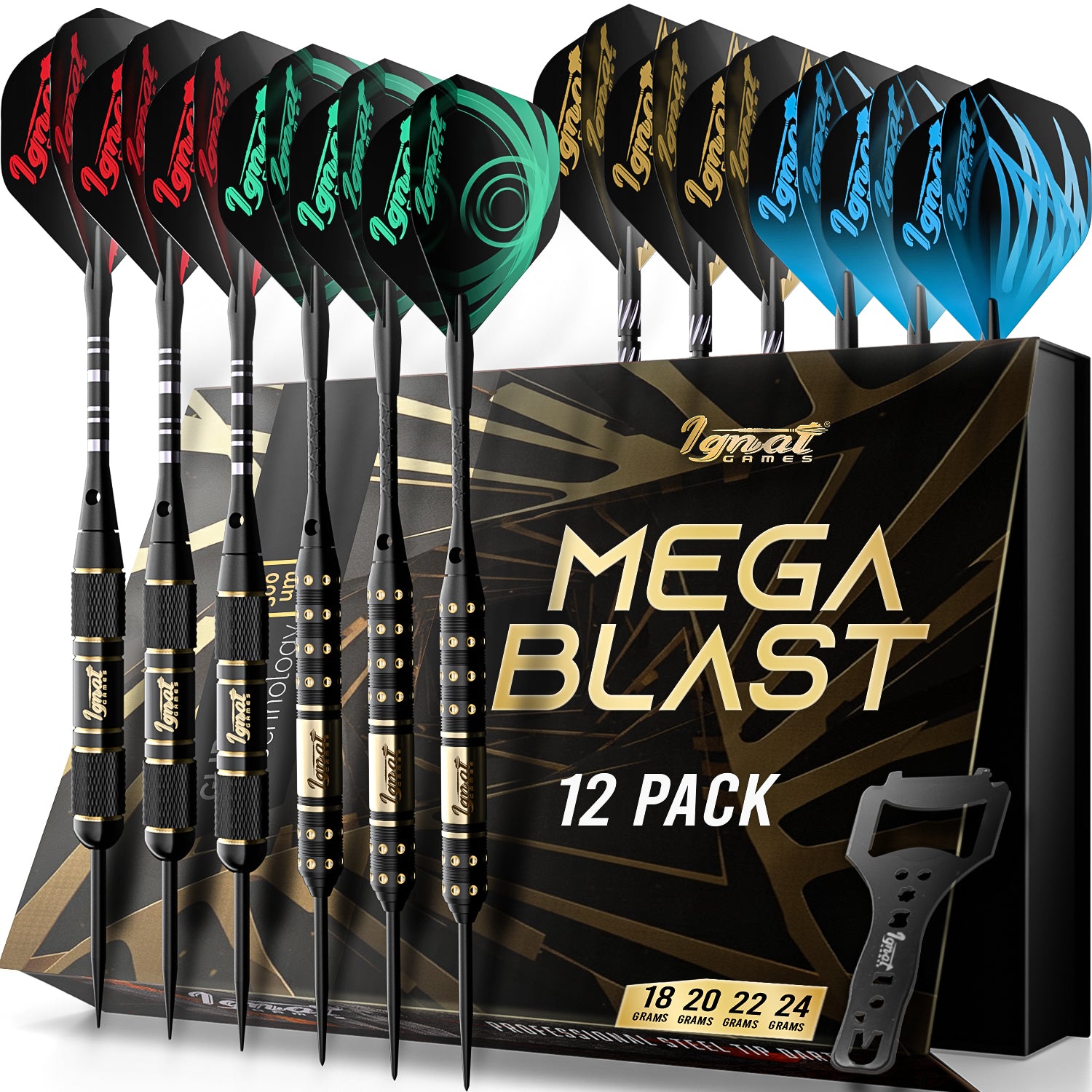 Steel Tip Darts 12 pack Set - Mega Blast 18/20/22/24 grams