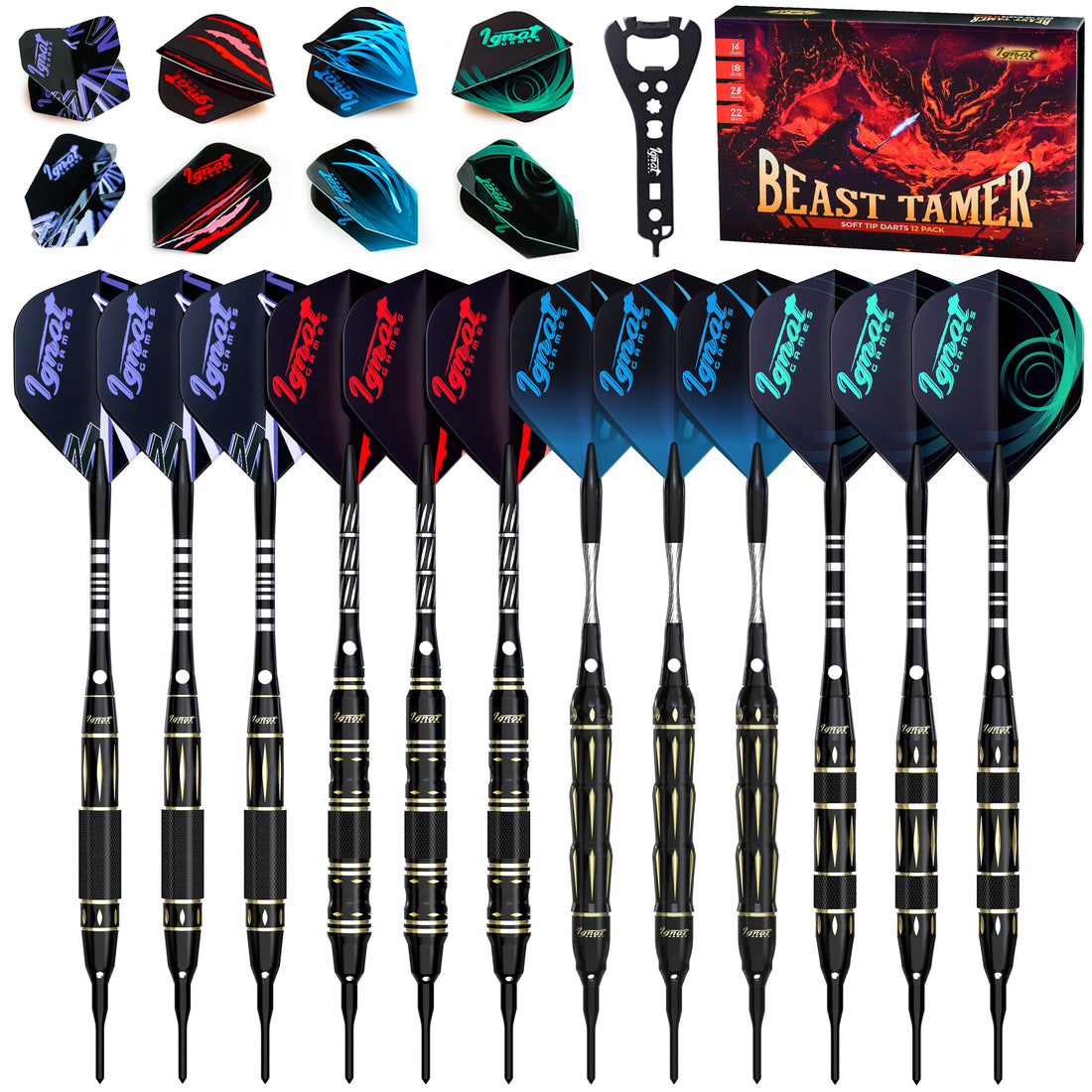 Soft Tip Darts 12 Pack Set - Beast Tamer (16g - 22g)
