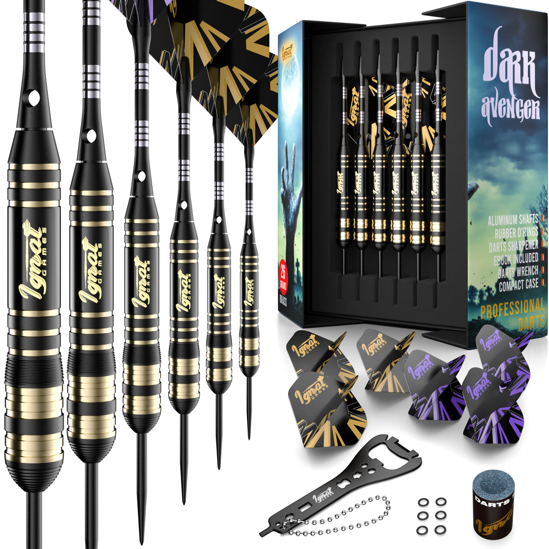 Steel Tip Darts 6 pack Set - Dark Avenger 26 grams