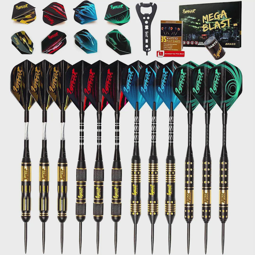 Steel Tip Darts 12 pack Set - Mega Blast 18/20/22/24 grams
